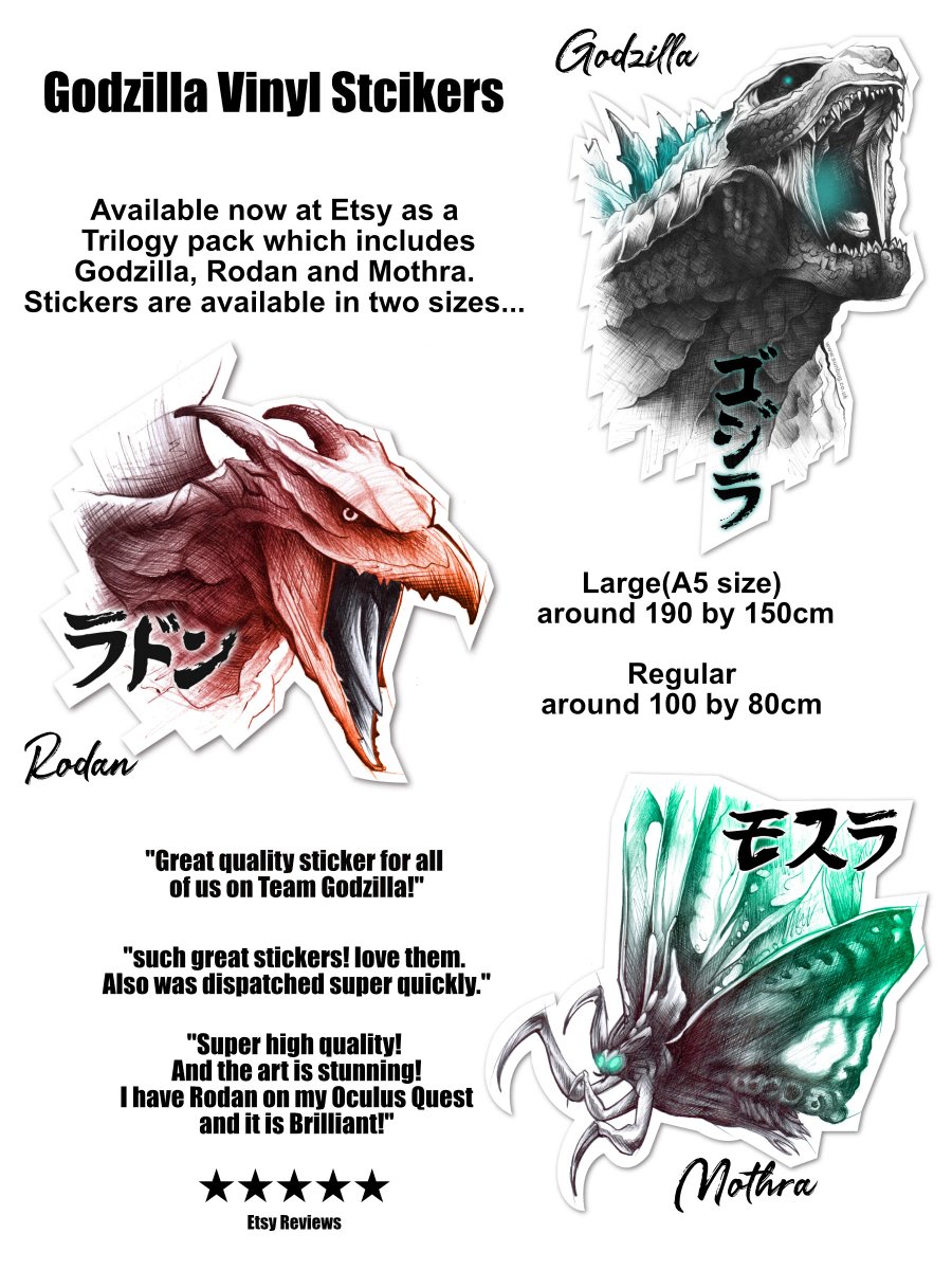 BugTshirts's tweet photo. New Godzilla Trilogy pack of quality Vinyl Stickers
https://t.co/ul0CvyTqtR
#GodzillaVSKingKong #Godzilla #KAIJU #Rodan #mothra #movies #monstermovies
#films #kingofmonsters
#Kong #kingkong https://t.co/8dTW9Gl6Aj