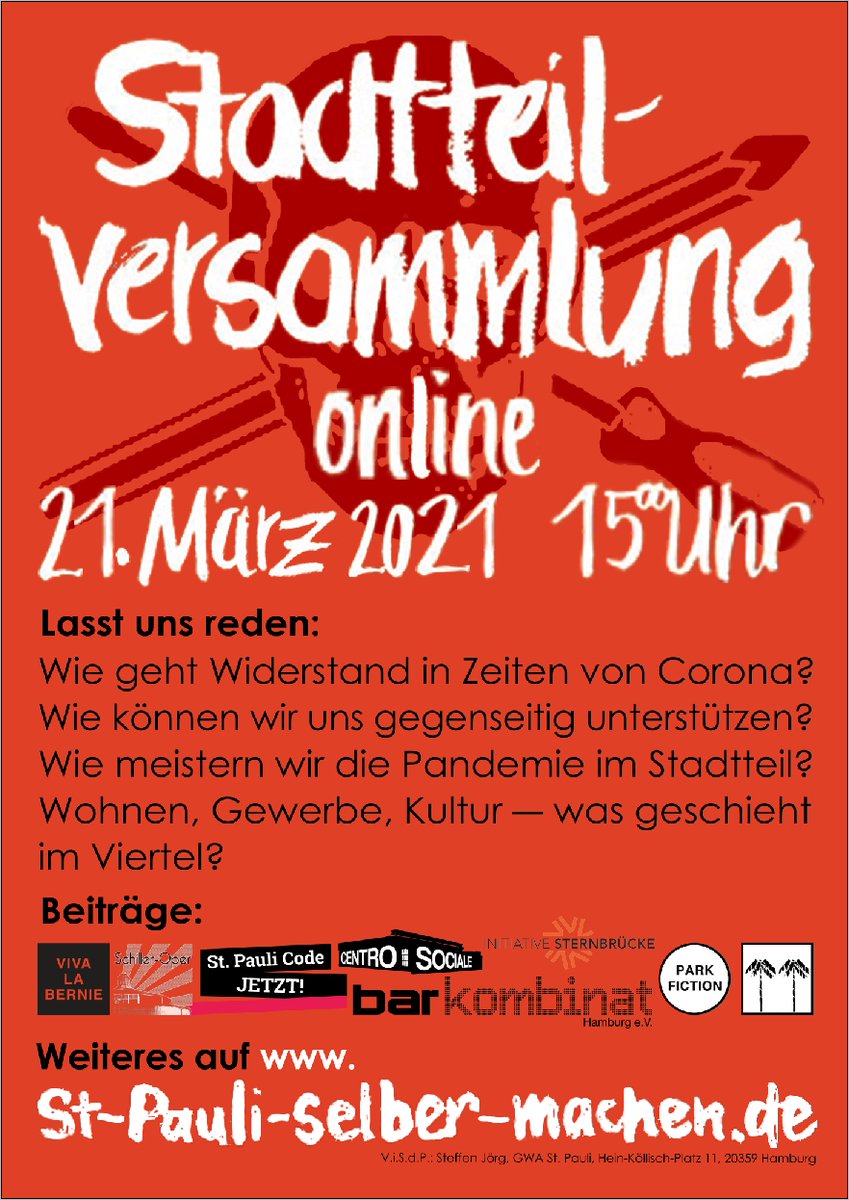 Seit 2014 veranstalten wir regelmäßig Stadtteilversammlungen, meist im Ballsaal des <a href="/fcstpauli/">FC St. Pauli</a>. Nun wagen wir das Experiment einer Online-#Stadtteilversammlung. Klickt Euch rein am 21.3.!
Infos fortlaufend unter:
st-pauli-selber-machen.de/stadtteilversa…
