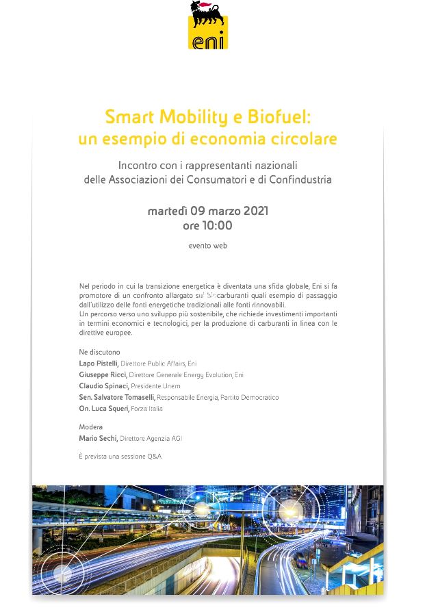 unem_it's tweet image. Domani siamo a &quot;Smart Mobility e Biofuel: un esempio di economia circolare&quot; @eni. Confronto su #biocarburanti come esempio di passaggio dall&apos;utilizzo delle fonti energetiche tradizionali a #rinnovabili. @lapopistelli, Giuseppe Ricci, Claudio Spinaci, @SalvTomaselli, @LucaSqueri