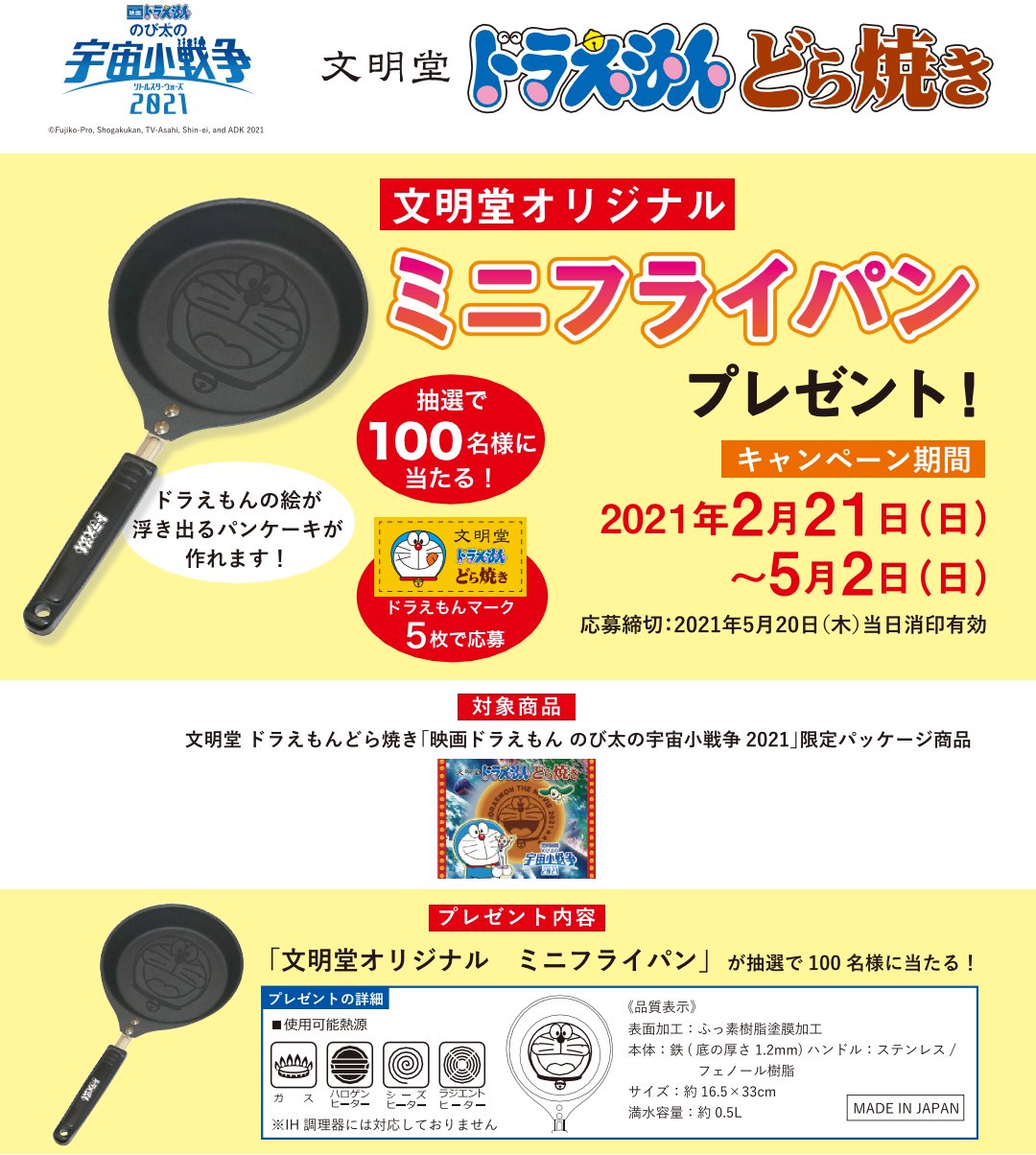 のら 文明堂のドラえもんどら焼き応募券5枚で抽選100名にフライパン当たるんだけど やっぱりかわええのでは T Co Snriekywzn Twitter