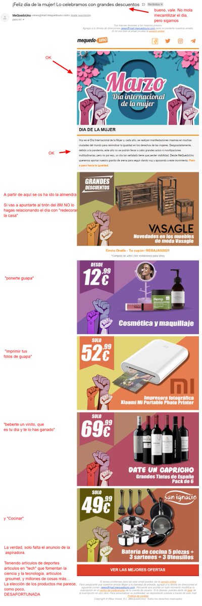 Querid@s amig@s vengo para ver si estoy majareta o este mail de #publicidad que ha querido mostrar su "apoyo" al #feminismo en el #8m les ha quedado más bien #ranciete. Que igual es cosa mía, pero me parece una elección de productos #desafortunada ¿Q opináis? ¿Es cosa mía o no?