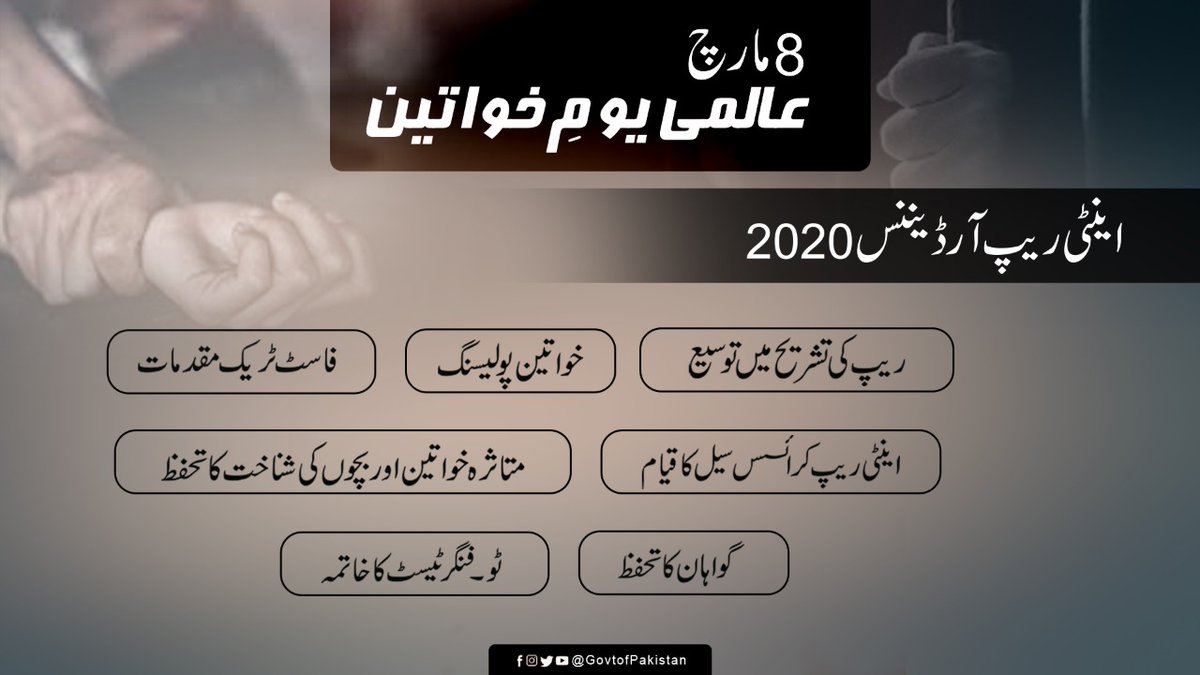اینٹی ریپ آرڈیننس 2020 خواتین کے جنسی زیادتی سے تحفظ اور فوری انصاف کی فراہمی کی جانب ایک اہم قدم ہے۔ 
#InternationalWomensDay