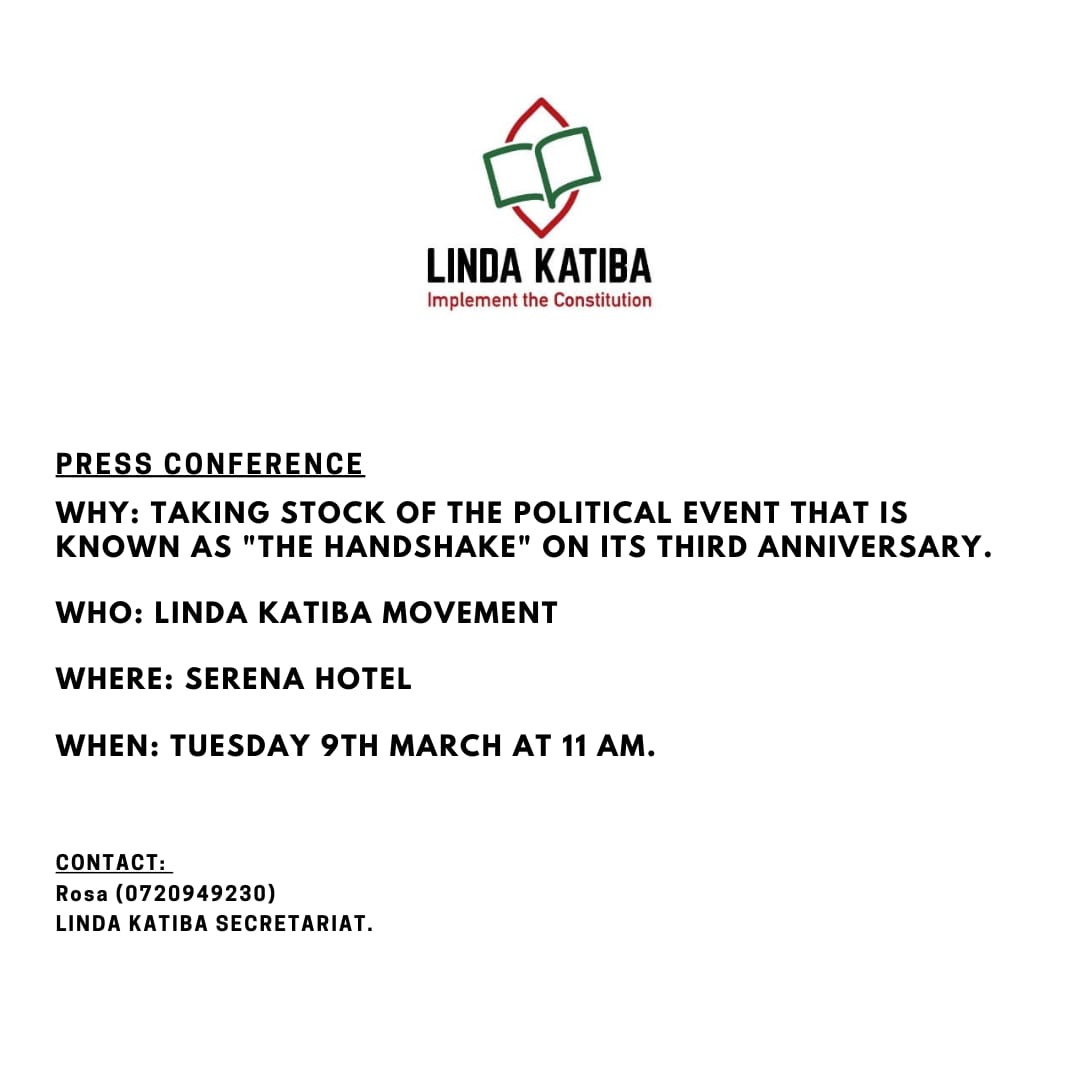 #AmKenyan PRESS INVITE:
Taking stock of the sham that is 'the handshake' that birthed the #BBICon, on its 3rd anniversary.
@citizentvkenya @KTNNewsKE  @TheStarKenya @SpiceFMKE @K24Tv @tv47ke @BBCAfrica @AJENews @KBCChannel1 #LindaKatiba  #STOPTheseTHIEVES