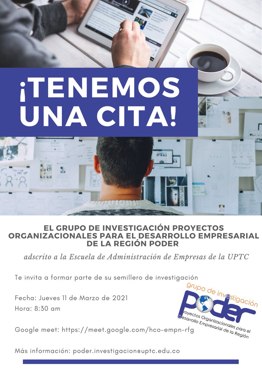 grupoinpoder's tweet photo. El Grupo de Investigación PODER, le invita a formar parte de su semillero de investigación en la reunión que se realizará este Jueves 11 de Marzo a las 8:30 am por medio de la plataforma Google Meet.

Para más información: poder.investigacion@uptc.edu.co https://t.co/prakdfx89L