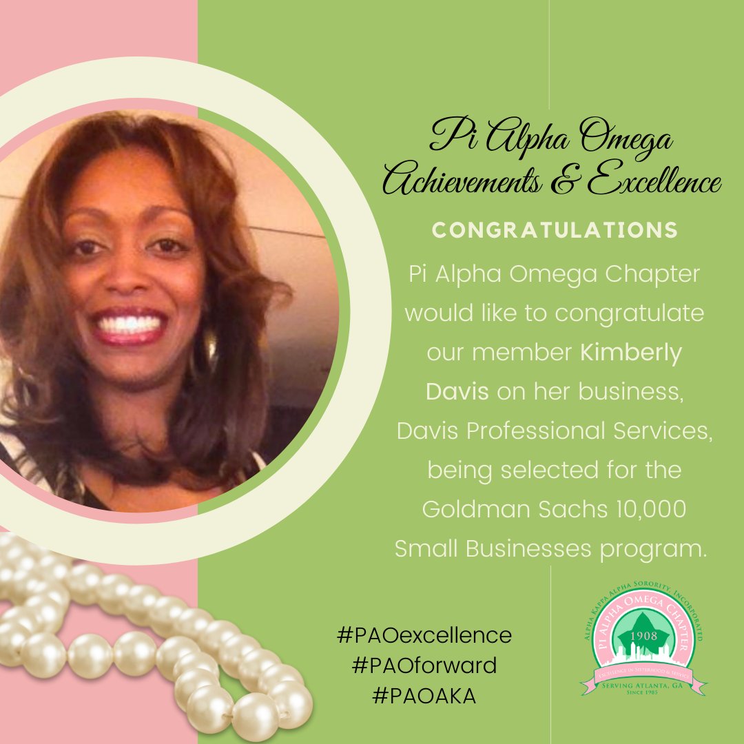 PiAlphaOmega85's tweet photo. Congratulations to our member Kimberly Davis on her business, Davis Professional Services, being selected for the Goldman Sachs 10,000 Small Businesses program. 

#WomensHistoryMonth
#Herstory
#PAOforward
#PAOexcellence https://t.co/hFartvBpSH