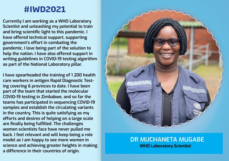 WHO_Zimbabwe's tweet image. Women are making a difference in their respective areas of expertise. Testing is one of the key priorities in COVID-19 response and Dr Muchaneta Mugabe has been key in training health care workers to use antigen RDT in Zimbabwe. 

We celebrate you Dr Mugabe!!
#IWD2021