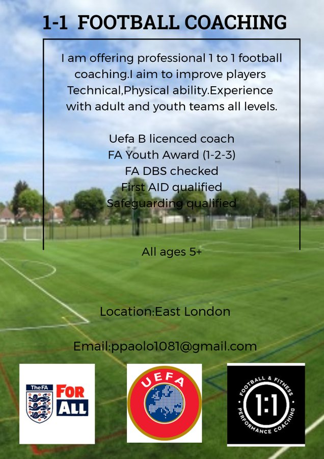 1to1 football session for all age and level ,book your session for a great price,East London side pls DM me for any info 
@EssexSenior
 @ManCoachNet @
@LondonFA
 
@Love_non_league
 
@FindCoachesJobs
 
@Jobs4football
 
@JobsFootball
 
@IsthmianLeague @EssexSenior  @CoachesShare