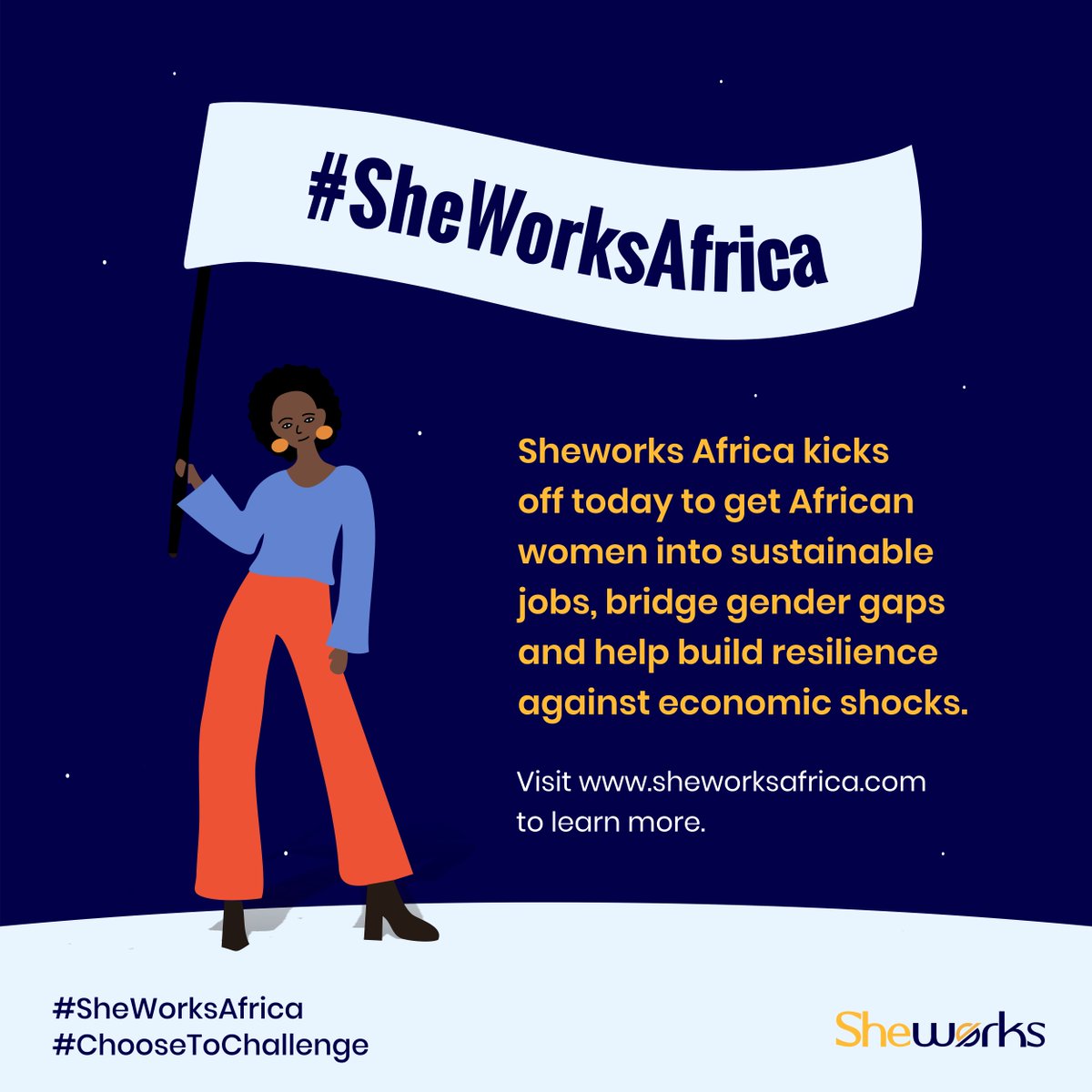 SheworksAfrica's tweet photo. #SheWorksAfrica kicks off today to get African women into sustainable jobs, bridge gender gaps and help build resilience against economic shocks. Visit https://t.co/Mbs9271zvY to learn more.

#SheWorksAfrica 
#ChooseToChallenge https://t.co/MtZfAE5Ozp