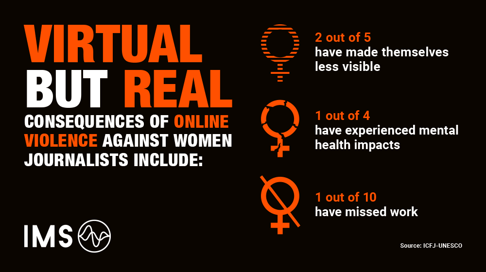 IMSforfreemedia's tweet image. ❗️Virtual but real❗️

Online violence against women journalists has real-life consequences - not just for the individual, but for #journalism, #genderequality and #democracy 

👉 bit.ly/2OAyagB

#InternationalWomensDay #ChooseToChallenge #IWD2021