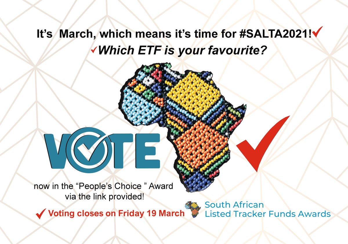 ETFSA's tweet photo. It's time for #SALTA2021 and your vote counts! Which #ETF is your favourite? (These are not children, so you're allowed to have favourites😉) 
Make your mark at https://t.co/rp6DSqOK3l - voting closes next Friday 19-March
SALTA = South African Listed Tracker Funds Awards https://t.co/rjpp8sRlZy