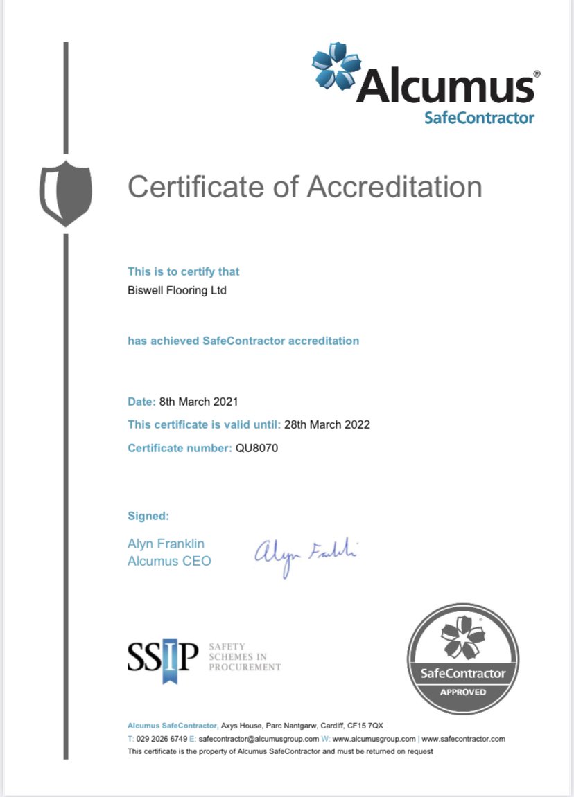 We are delighted to have passed our annual audit with <a href="/safe_contractor/">Alcumus SafeContractor</a> - this demonstrates our commitment to excellent health &amp; safety practices 🎉 We hope customers continue to have confidence in how we work at Biswell Flooring