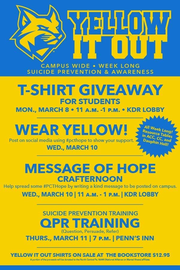 PCTAthletics's tweet photo. The Penn College community is raising its collective voice for suicide prevention. There will be events throughout the week and resource tables located across campus providing information on suicide prevention and education. #PCTHope https://t.co/Dcp7NCXN6C