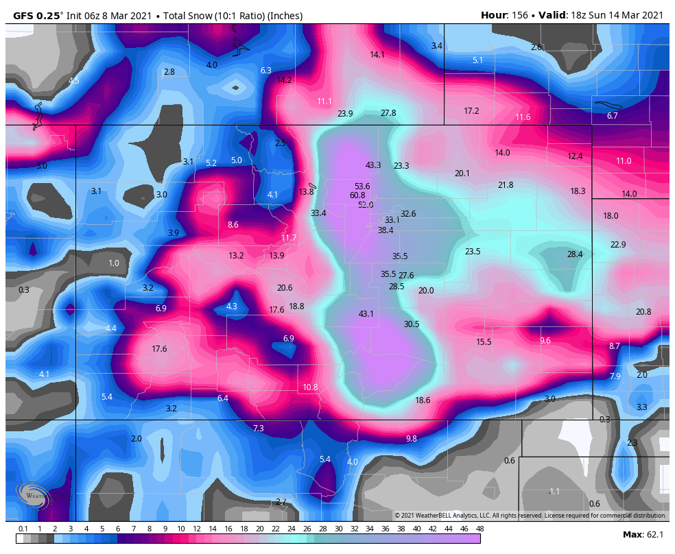 WasatchSnow's tweet photo. I'm not saying this is going to happen... but the latest 06z GFS shows absolutely insane snowfall amounts for the Colorado Front range this weekend. If anything close to this were to actually happen, it would bring this area to a standstill. Just like March 2003. https://t.co/LAg4ddbtTX
