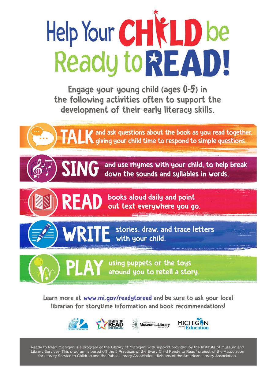 LibraryofMich's tweet photo. "Talk, Sing, Read, Write, & Play" with your child from their earliest days to get them ready to read! Contact your local public library for information on storytimes and family programming.
#ReadytoReadMi #MiLibraries #EarlyLiteracy #MarchisReadingMonth #IMLSGrant https://t.co/geeKdynobF