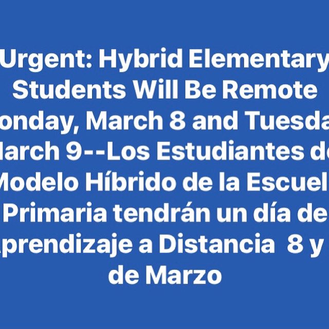 StarkPFO's tweet photo. Urgent: Hybrid Elementary Students Will Be Remote Monday, March 8 and Tuesday, March 9--Los Estudiantes del Modelo Híbrido de la Escuela Primaria tendrán un día de Aprendizaje a Distancia  8 y 9  de Marzo https://t.co/IcViXqVgIk