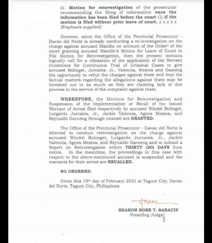 upboutcrop's tweet photo. LOOK: A Regional Trial Court (RTC) in Tagum City, Davao Del Norte recalled the warrant of arrest issued against five North Luzon-based activists and orders the reinvestigation of the trumped-up murder case against them.
#DefendWindelDefendCPA
#DefendCordilleraPH https://t.co/AIwlO3PNxG