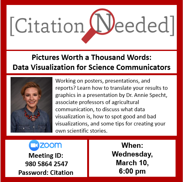 Come hear from Dr. Annie Specht on effective data communication, just in time for poster and abstract season! 
Wed March 10 6pm
Zoom: 980 5864 2547
Password: Citation