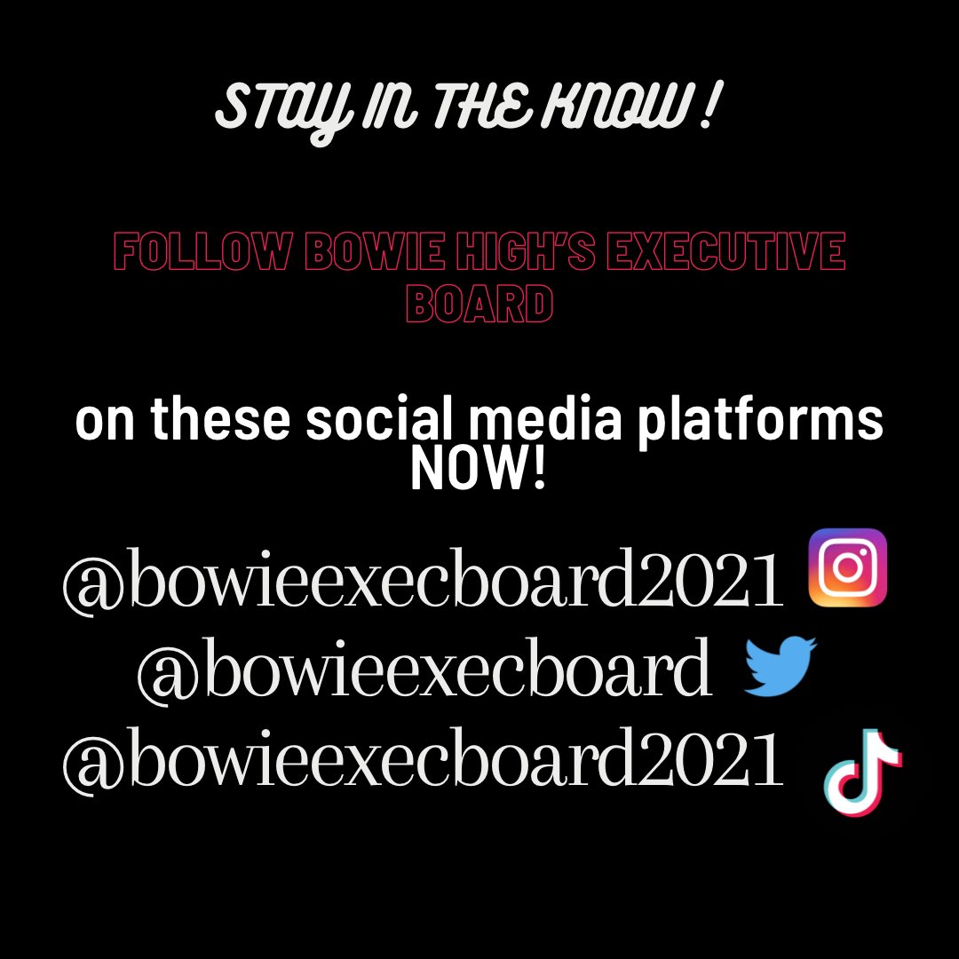 bowieexecboard's tweet photo. Hey Bulldogs ! Make sure to follow SGA Executive Board on all our social media’s for information on upcoming events and challenges and IMPORTANT UPDATES as well ! https://t.co/JYdxJbCvAq