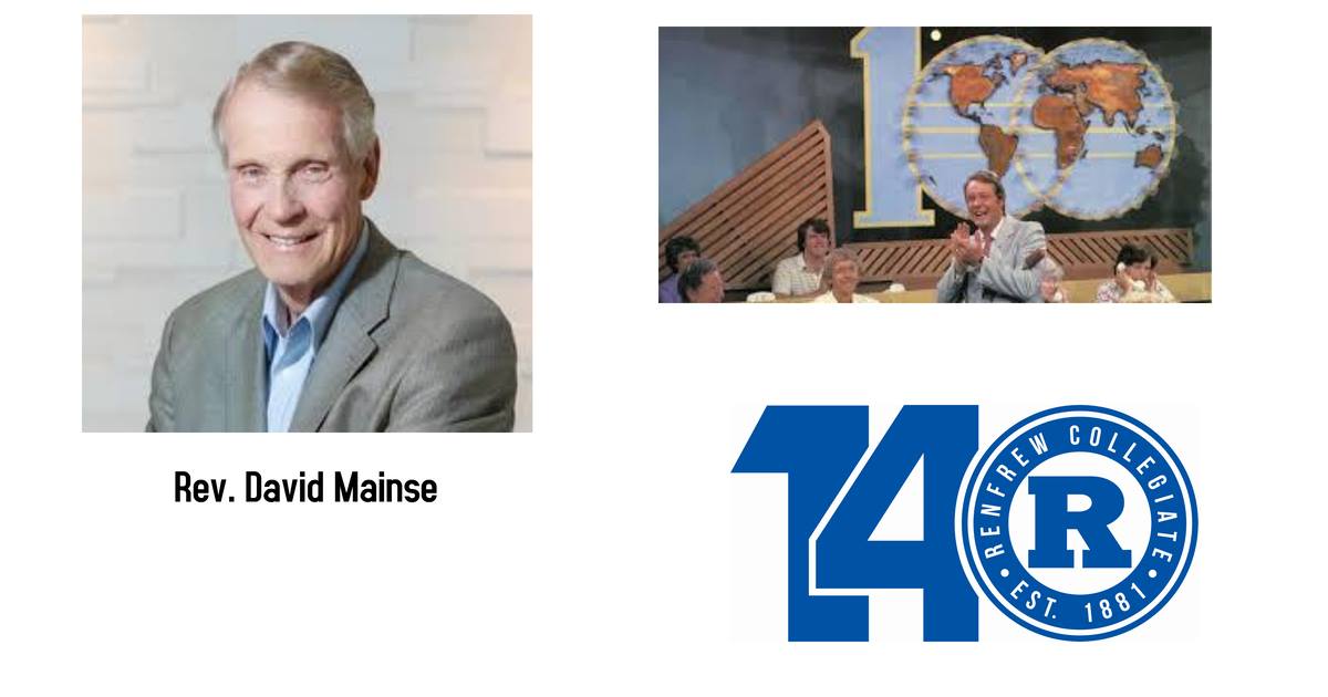 67/140 (thread)

On the Sunday of the RCI Centennial Home Coming Weekend, 6 former RCI Students ran church services at 6 different churches in Renfrew.

David Mainse, who was born in Campbell's Bay &amp; attended RCI in the 50s, conducted the service at Renfrew's Pentecostal Church.