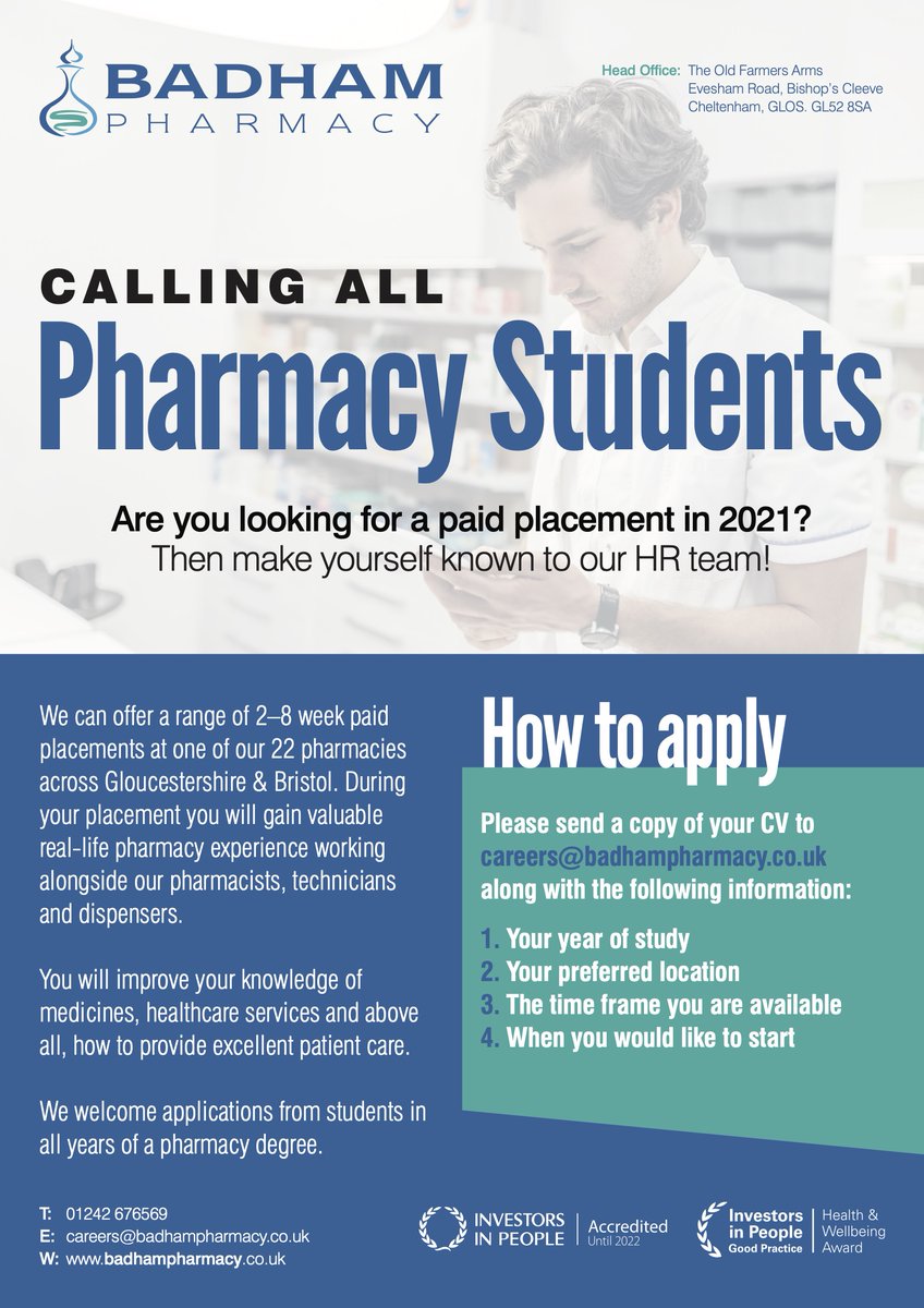 Calling all pharmacy students; we are open for applications to join us for Easter and/or summer vacation work experience and learning. Placements are paid and open to all years. See poster for application info