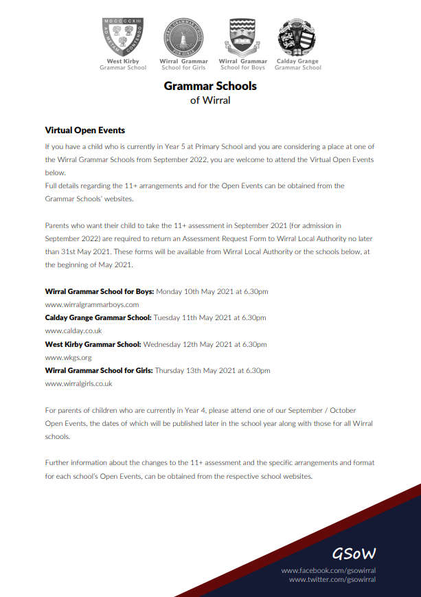 If you have a child who is currently in Year 5 at Primary School and you are considering a place at one of 
the Wirral Grammar Schools from Sept 2022, you are welcome to attend the Virtual Open Events below ⤵️.
<a href="/WestKirbyGS/">West Kirby Grammar School</a> @CGGSNews <a href="/WirralGirls/">Wirral Grammar Girls</a> <a href="/WGSB/">Wirral Grammar School for Boys</a>