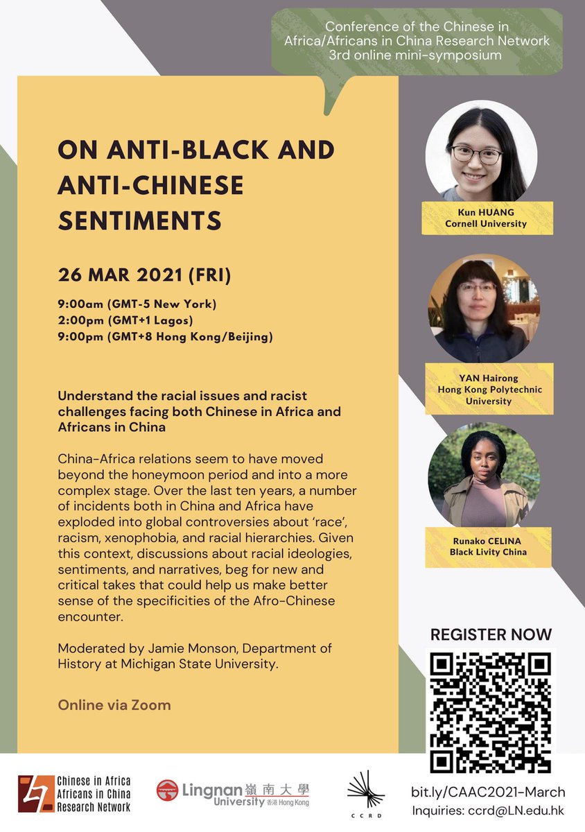 Register for this upcoming panel discussion, On Anti-Black and Anti-Chinese Sentiments, featuring @BlackLivityCN's Runako Celina.

#BlackChinaExpert #BlackVoices

Register here: eventbrite.hk/e/on-anti-blac…