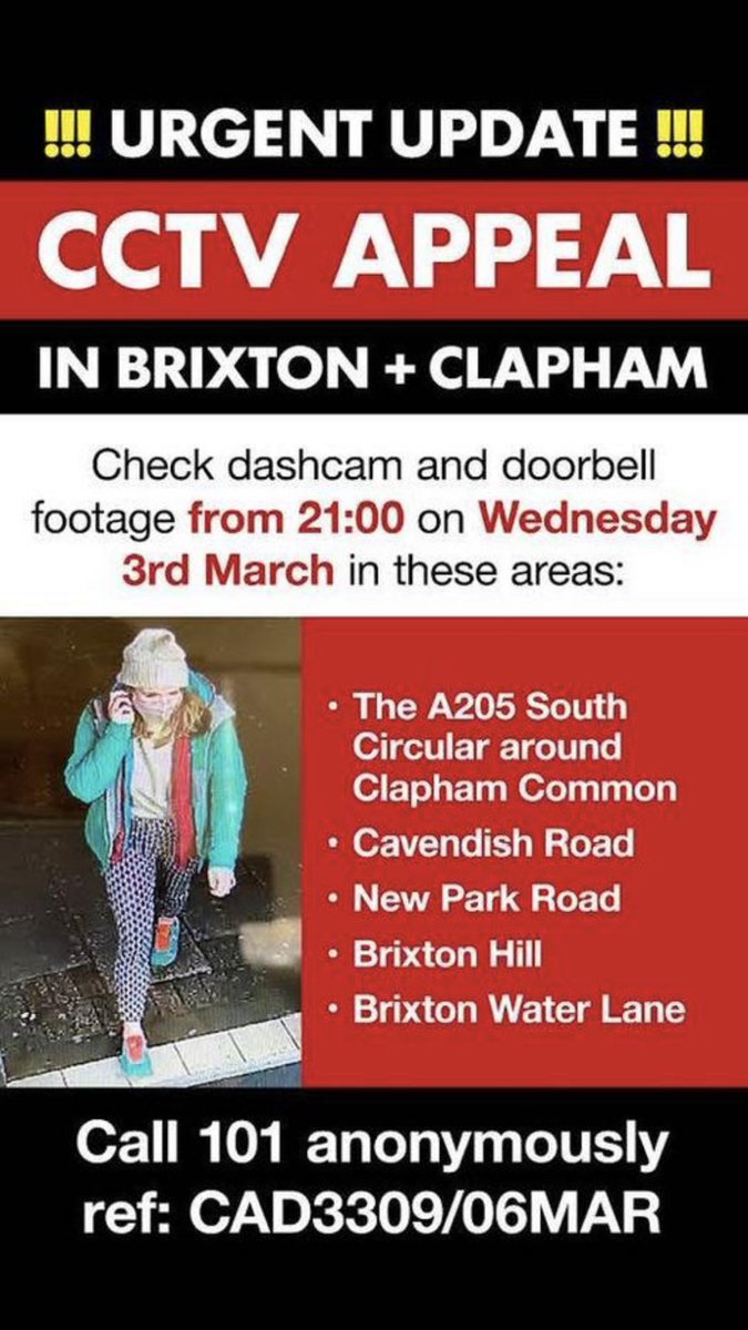 An urgent appeal to those of you in Brixton and Clapham. PLEASE share ❤️ #findingsaraheverard