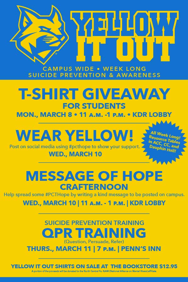 PCTBaseball's tweet photo. The Penn College community is raising its collective voice for suicide prevention.  There will be events throughout the week and resource tables located across campus providing information on suicide prevention and education #PCTHope https://t.co/BWTw3XmXCz