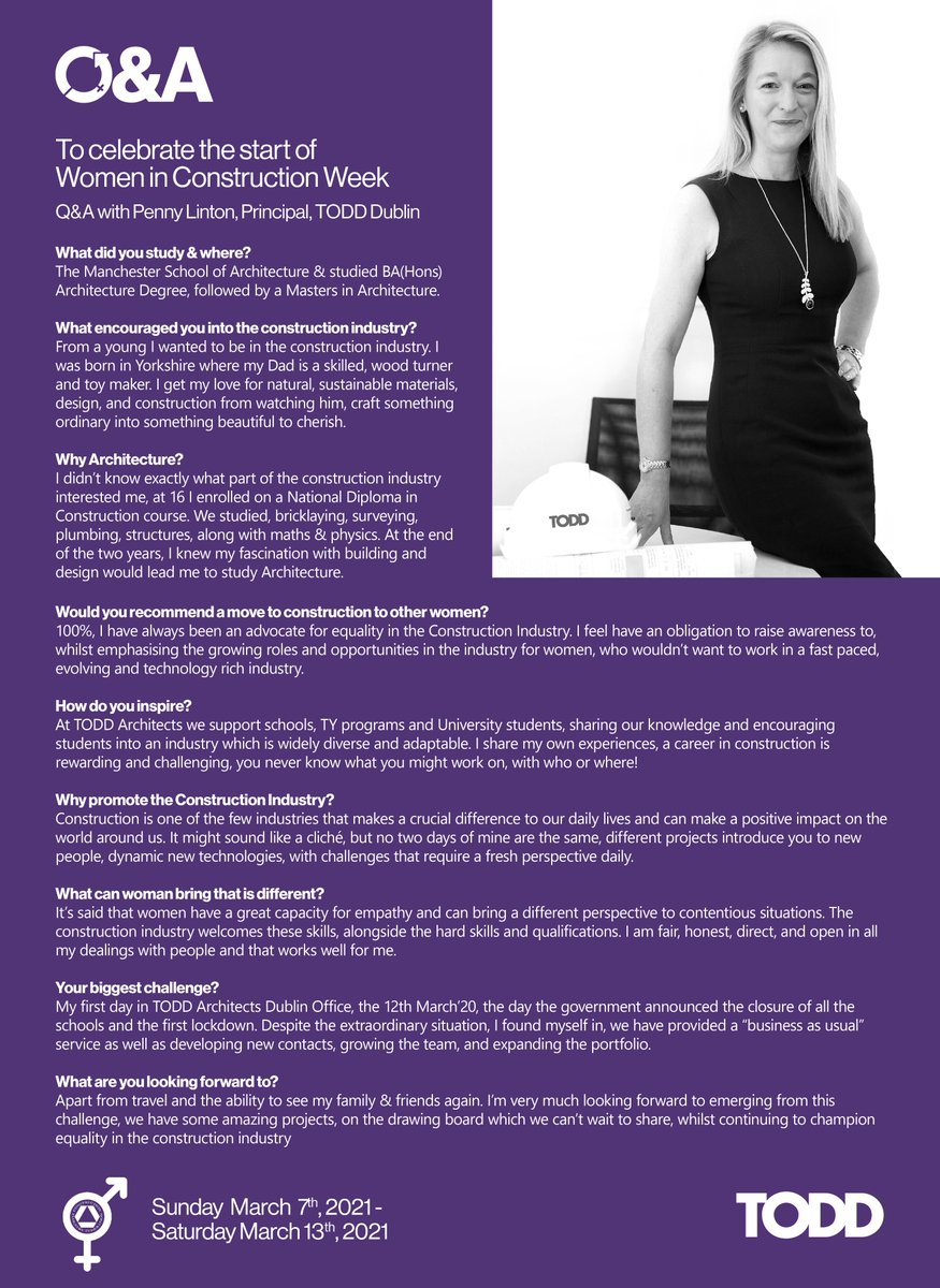 TODDArchitects's tweet photo. To celebrate the start of @CIF_Ireland #womeninConstructionWeek Q&amp;A with Penny Linton, Principle @TODDArchitects #Dublin

Sun Mar 7th, 2021 - Sat Mar 13th, 2021

#BuildingEquality #WICW2021 #CIF #internationalwomensday2021 #IWD2021 #womeninconstruction #internationalwomensday https://t.co/xFRBjkbxjh