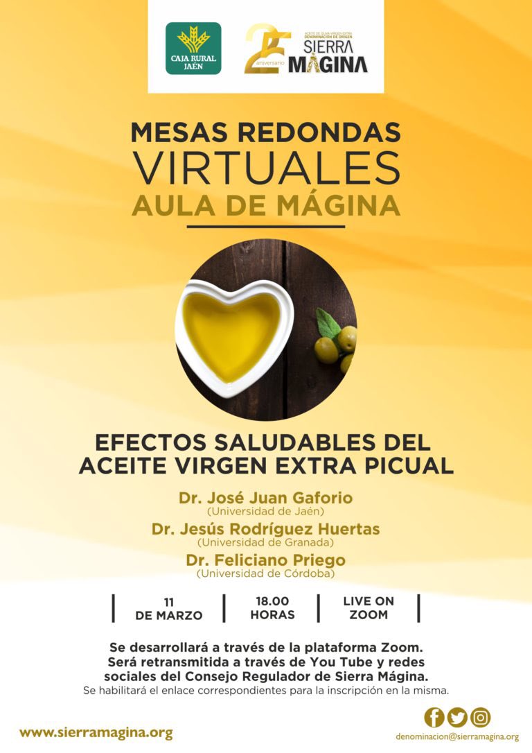 DOSierraMagina's tweet image. Este jueves comenzando un ciclo de Mesas Redondas Virtuales Aula de Mágina, la 1️⃣ sobre efectos saludables del #aove picual con 3 expertos 
✅ @JoseJGaforio @ujaen 
✅ Jesus Rodríguez @CanalUGR 
✅ @Feli_Priego @Univcordoba 
Más info e inscripciones en sierramagina.org/previamesasred…