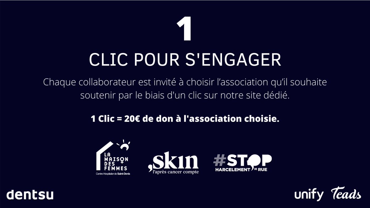 dentsu france (@dentsufr) on Twitter photo Par son engagement, chaque talent peut déclencher un don de 20€, dès aujourd’hui, pour l’une des trois associations sélectionnées par denstu France : @lamaisondesfemmes, <a href="/AssociationSkin/">Association Skin</a> et <a href="/stophdr/">StopHarcèlementDeRue</a>
#dentsusengage #ChooseToChallenge #IWD2021 #8mars #JourneeDesDroitsDesFemmes Par son engagement, chaque talent peut déclencher un don de 20€, dès aujourd’hui, pour l’une des trois associations sélectionnées par denstu France : @lamaisondesfemmes, <a href="/AssociationSkin/">Association Skin</a> et <a href="/stophdr/">StopHarcèlementDeRue</a>
#dentsusengage #ChooseToChallenge #IWD2021 #8mars #JourneeDesDroitsDesFemmes