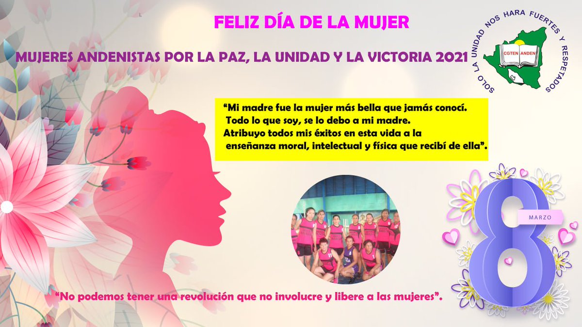 Con Daniel y Rosario las mujeres son victoriosas porque se le ha venido restituyendo el derecho, siendo  protagonistas en diferentes sectores de la sociedad.

¡Felicidades a las mujeres andenistas!

#MujeresFuerzaVictoriosaImprescindible

<a href="/FNT_Nicaragua/">FNT</a> 
<a href="/intEducacion/">IEAL</a>