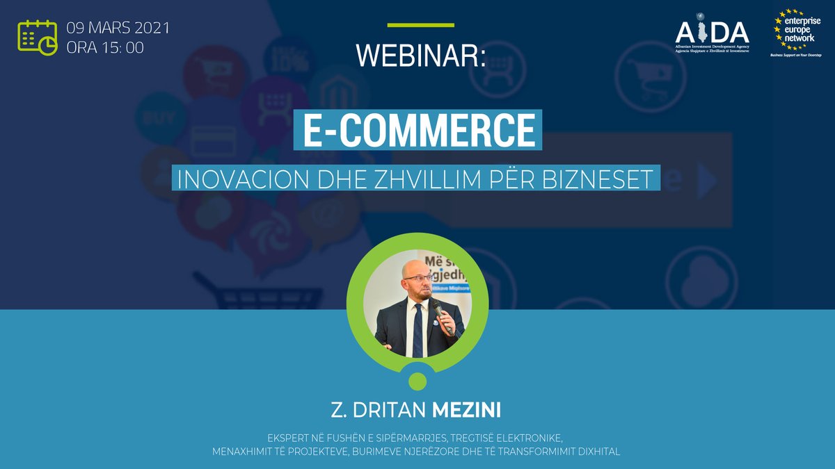 AIDA dhe EEN-Albania organizojnë webinarin: 
"E-commerce | Inovacion dhe zhvillim për bizneset”
Webinari do të zhvillohet online në datë 9 mars, ora 15:00. 

Linku i regjistrimit⤵️
zoom.us/webinar/regist…
<a href="/investinalbania/">AIDA</a> 

#EENAlbania #AIDA #EENCanHelp #webinar #SME #ecommerce