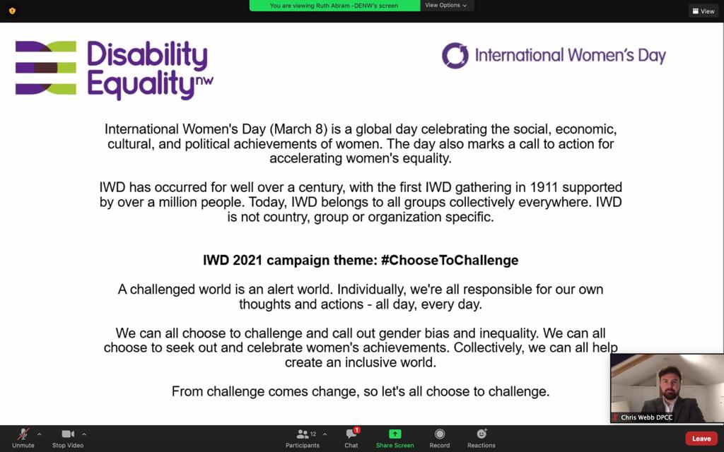It's great to join <a href="/DisabilityNW/">Disability Equality North West</a> in their event to help celebrate #InternationalWomensDay – #IWD2021 an important opportunity to champion the role of women in policing and our communities more generally. #ChooseToChallenge