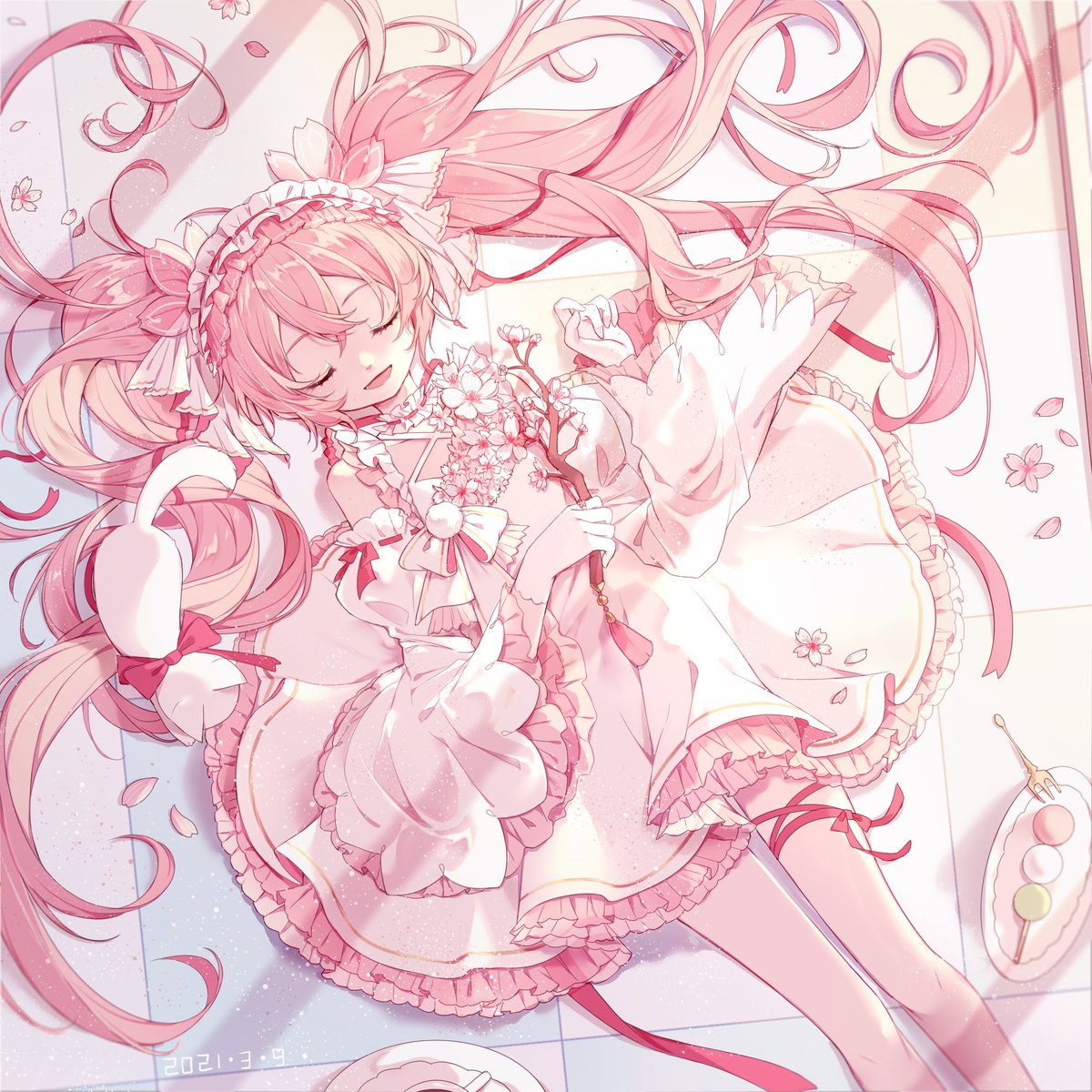 hatsune miku ,sakura miku 1girl pink theme dango wagashi frills solo long hair  illustration images