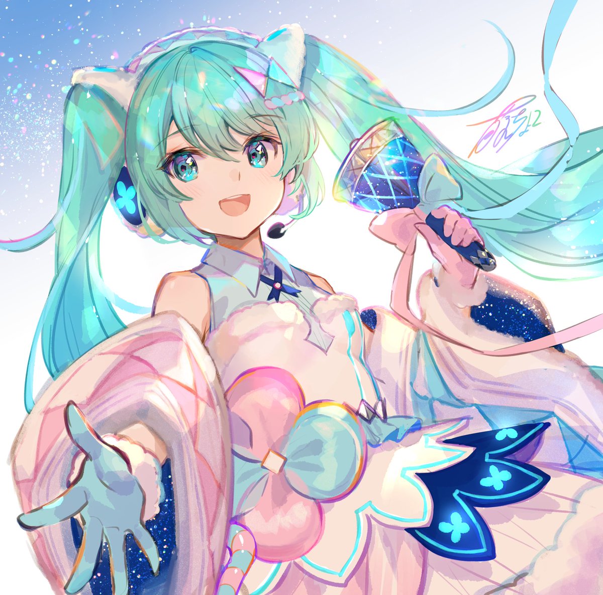 hatsune miku ,magical mirai miku 1girl solo twintails long hair holding gloves smile  illustration images