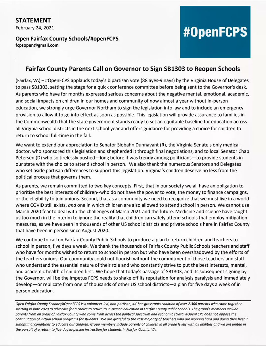 FFXParentsAssoc's tweet photo. Please see our statement calling for @GovernorVA to sign the newly passed SB1303 &amp; to include an emergency provision to allow it to go into effect ASAP #fightforfive #openfcps @FCPSSupt @Megan4Schools @RachnaHeizer @stella_pekarsky @Ricardy4Mason @Keys_Gamarra @Karen4Schools https://t.co/Z2NsY9HlPl