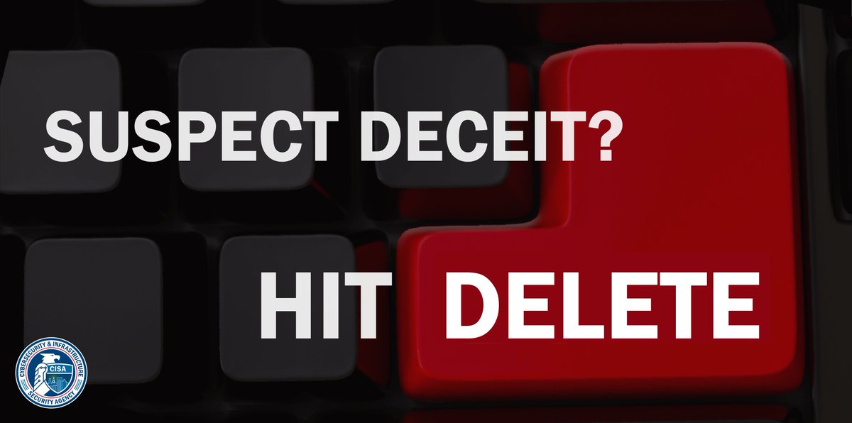 CISACyber's tweet image. 📧 @CISAgov continues to see increases in phishing and spear phishing emails - the most common vector for #ransomware attacks. #BeCyberSmart, if you suspect deceit – hit delete! ✖️ cisa.gov/Ransomware 
#Cybersecurity #infosec #Phishing #SpearPhishing