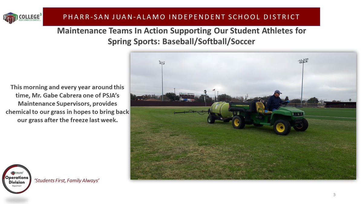 This morning, our Maintenance Teams were in action embodying our Division Motto of: 'Students First, Family Always'. The Division of Operations is striving hard to provide equity across the athletic complexes. Our goal is to balance capacity while elevating platforms. @PSJAISD