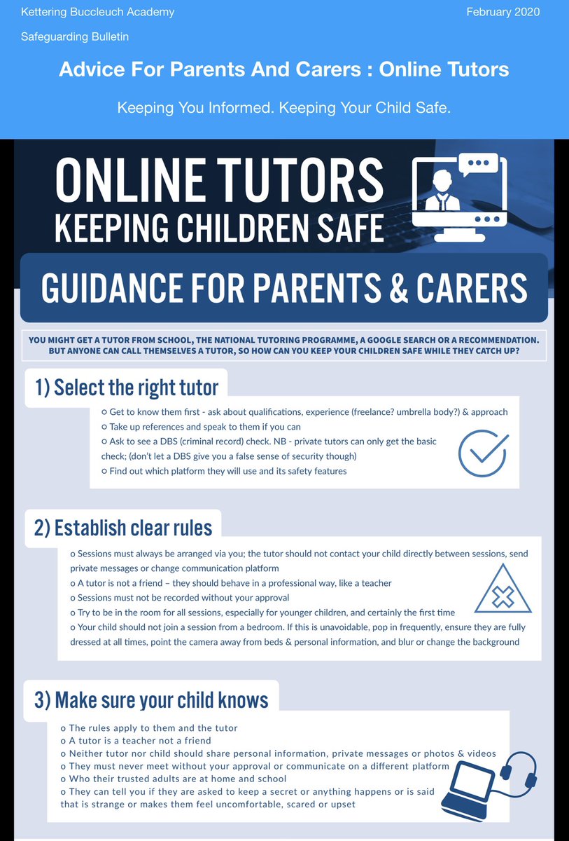KBuccleuchA's tweet photo. Here is our latest Safeguarding Bulletin for parents and carers which contains some advice for anyone who is considering looking at seeking support for their child from an online tutor. https://t.co/Lzag14HVRx