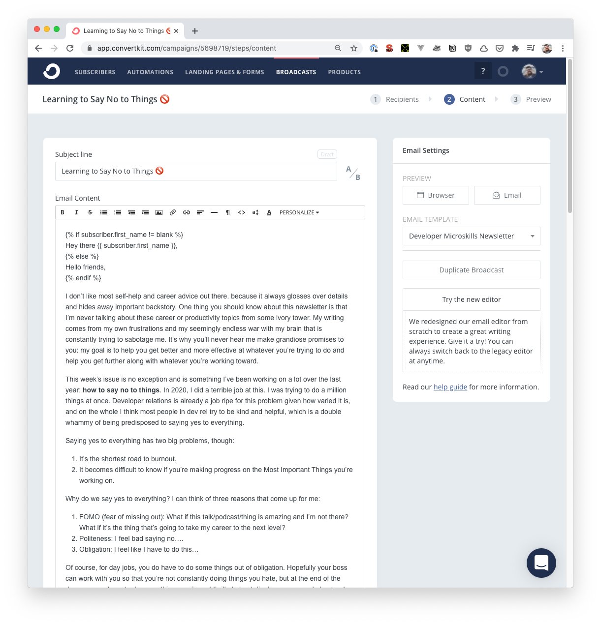 ConvertKit editor