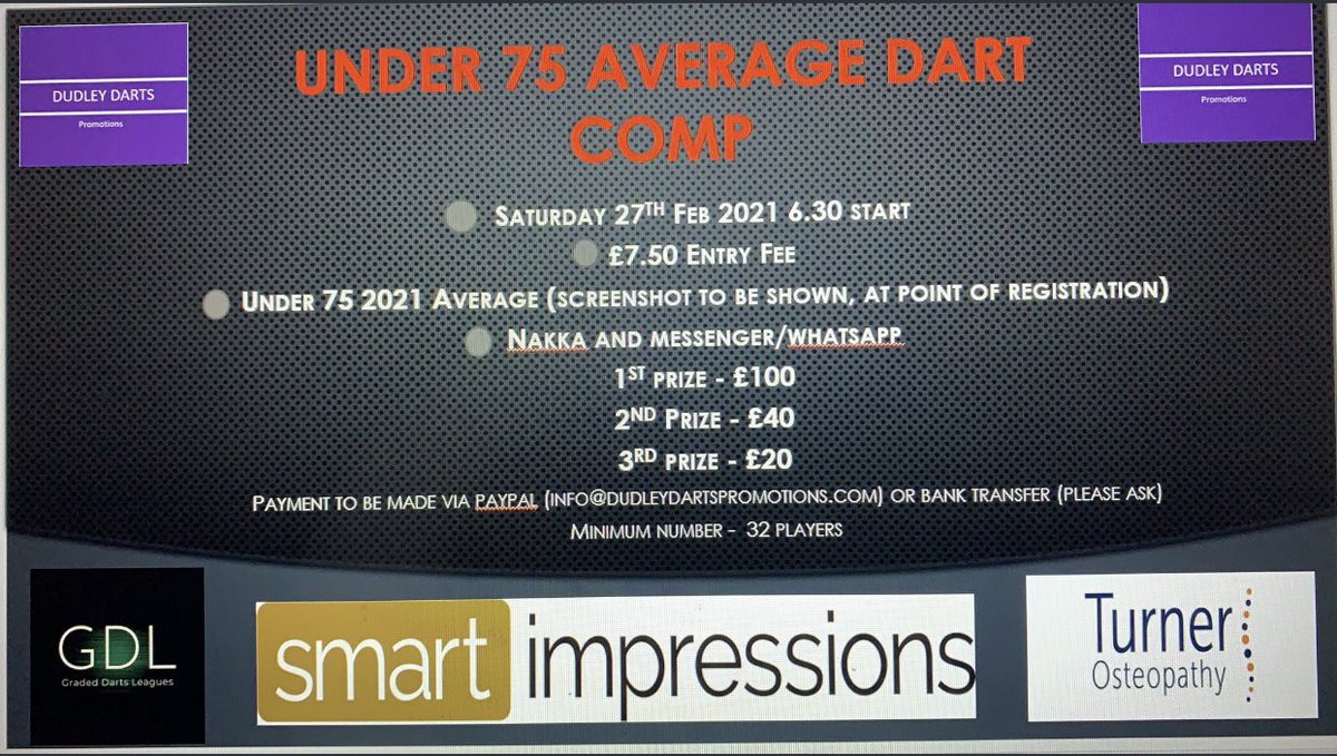 DartsDudley's tweet photo. Under 75 average comp this Saturday! Starting at 6.30 🔥🎯🔥 https://t.co/ScWCFQBsXj