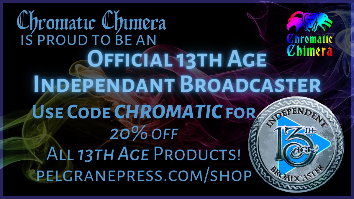 ChromatiChimera's tweet photo. — taking place after the events of our founding campaigns #AgorasBells &amp; #SteamSpell.

If you love cross-overs &amp; alternate universe hijinks, don’t miss #WovenRealm, premiering Wednesdays in April!

We’re so excited to share more of @PelgranePress’s awesome system #13thAge! #TTRPG https://t.co/WdaVNZapSb