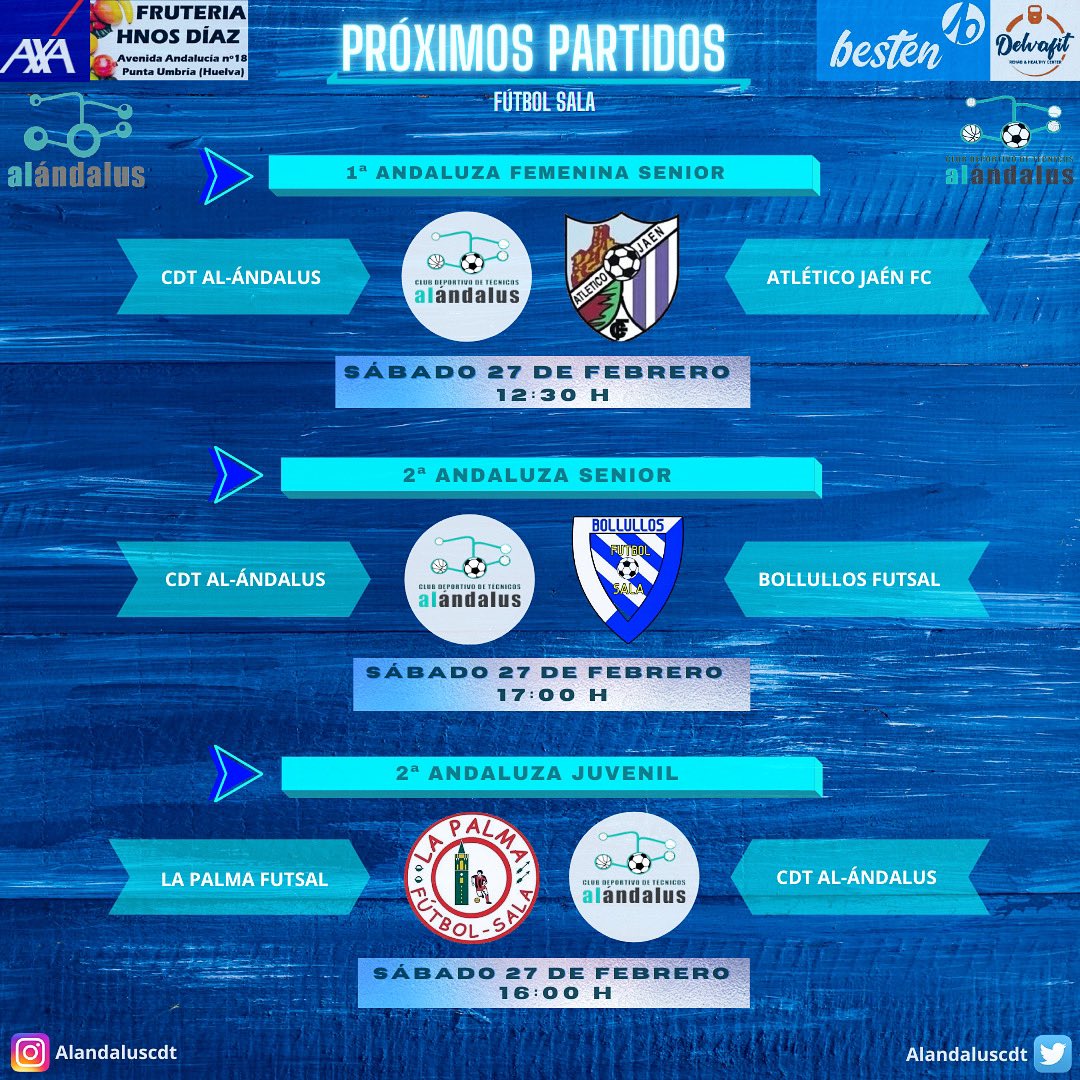 ⚽️ Próximos partidos 🥅

🔹 1ª Andaluza Femenina Senior
↔️ <a href="/Alandaluscdt/">Club Deportivo de Técnicos Al-Ándalus</a> - <a href="/atjaen/">Atlético Jaén F.C.</a>
📅 27 de Febrero ⏰12:30

🔸 2ª Andaluza Senior
↔️ <a href="/Alandaluscdt/">Club Deportivo de Técnicos Al-Ándalus</a> - <a href="/BollullosFutsal/">C.D Bollullos Futsal</a> 
📅 27 de Febrero ⏰17:00

▪️ 2ª Andaluza Juvenil
↔️ <a href="/Alandaluscdt/">Club Deportivo de Técnicos Al-Ándalus</a> - <a href="/LaPalmaFS/">La Palma FS</a> 
📅 27 de Febrero ⏰16:00