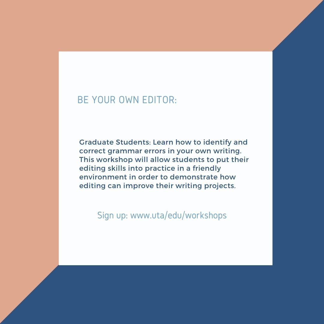 UTAWriteOn's tweet photo. GRAD STUDENTS Don't forget to sign up for our online Writing Workshop happening TOMORROW, Thursday, February 25th, 6:00 p.m. to 7:00 p.m. #uta #owl #writinghelp #workshop #utawriteon #argumentwriting https://t.co/dxDVo7gEz1