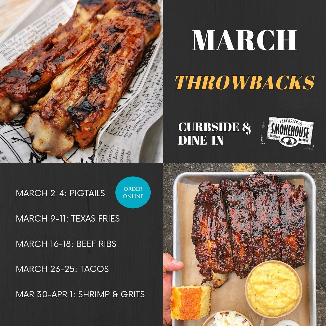 MARCH THROWBACKS ARE IN 😁
.
Check out this delicious line-up:
March 2-4: PIGTAILS
March 9-11: TEXAS FRIES
March 16-18: BEEF RIBS
March 23-25: TACOS
Mar. 30-Apr. 1: SHRIMP &amp; GRITS
.
.
Available for DINE-IN and CURBSIDE PICKUP 👏
.
.
#throwbacks #dinein #curbside