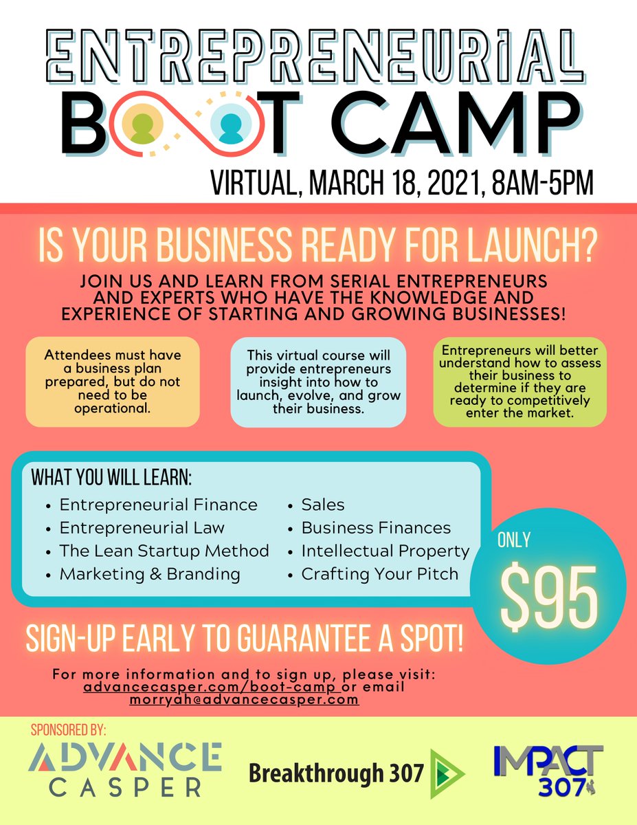 AdvanceCasper's tweet photo. CALLING ALL ENTREPRENEURS!! Please join us for the ENTREPRENEURIAL BOOT CAMP, March 18!! It will be virtual, but sign up soon to guarantee your spot and resources!! https://t.co/hC3FgzTk2o @Impact307 @breakthough307 @CasperWy @economicdevelopment @Casperstartupchallenge https://t.co/12fWsW2vr3