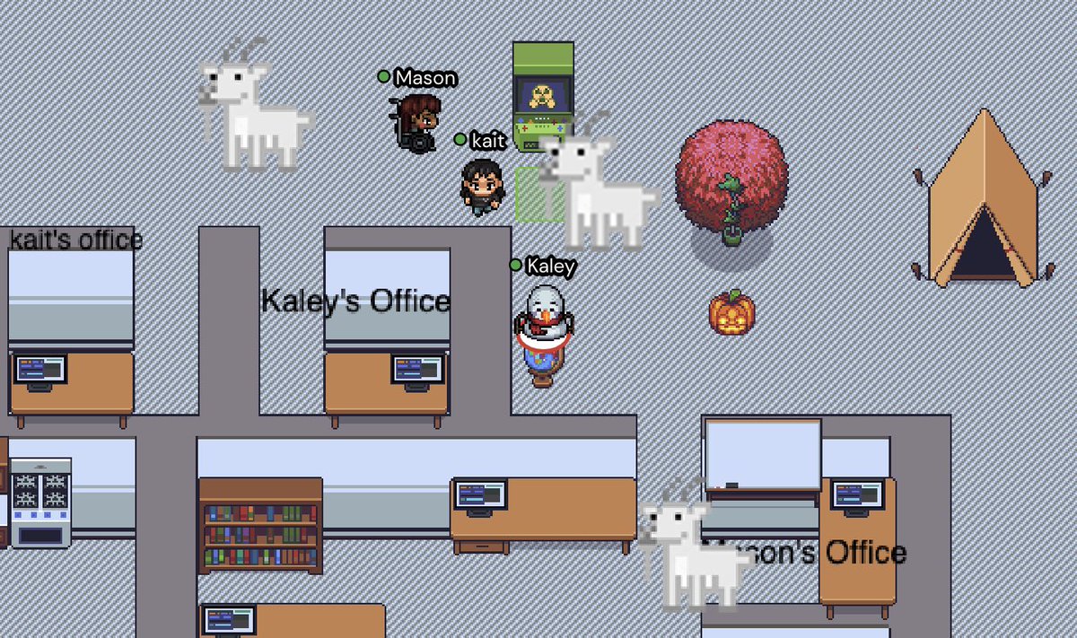 kaleybrauer's tweet photo. virtual rendition of our offices for our upcoming grad Open House!!

on one hand, not being able to have our prospective grad students visit is obviously the worst. but on the other hand, @MITKavli would never let us have this many goats &amp; arcade games in our real life offices https://t.co/2SKnZZGQ8A