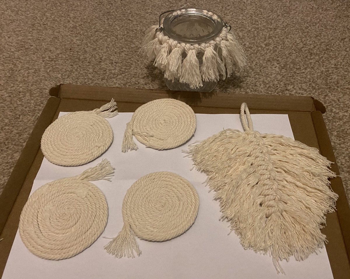 Got my OT on during annual leave and did some crafts. First picture is what the macrame kit from Etsy is for, the second picture is what I managed to do with the leftover rope 😇 #pleased #occupations