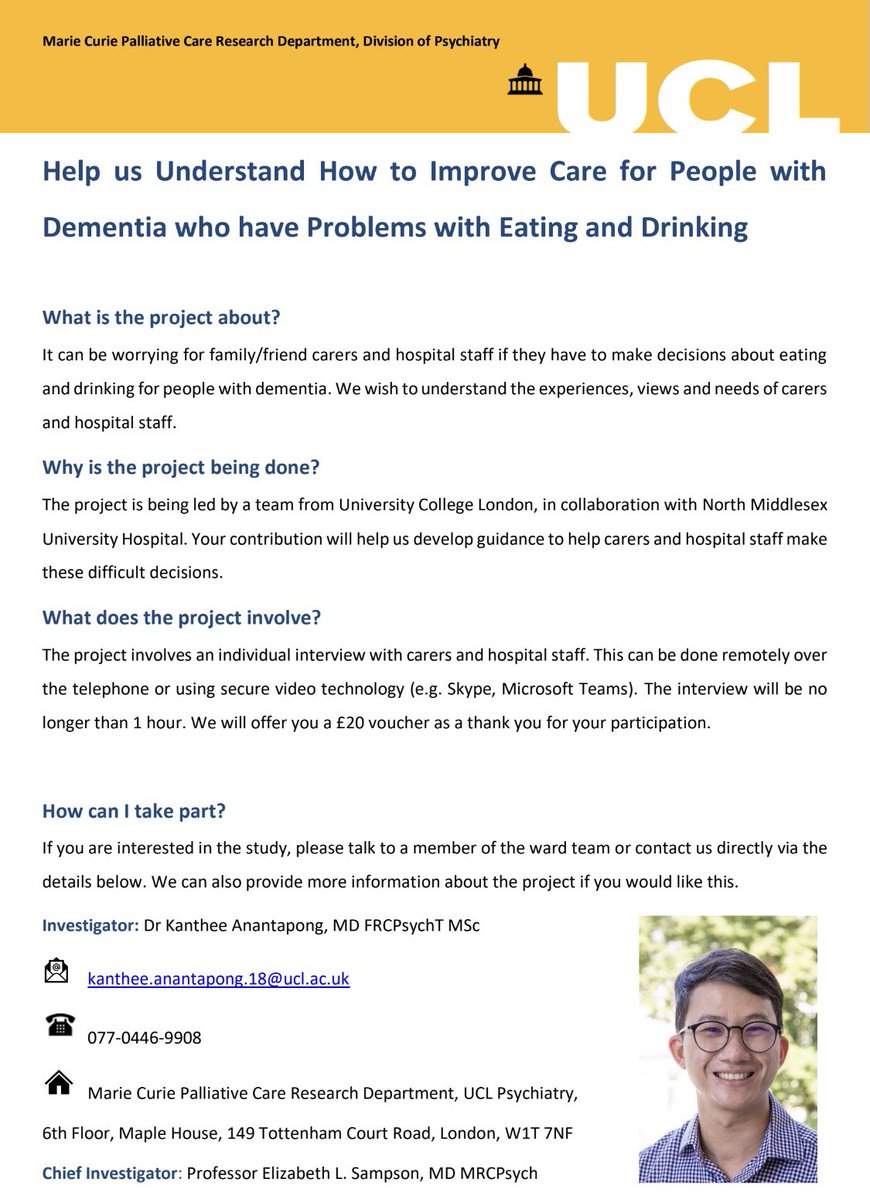Are you working in hospitals caring for people with severe #dementia? We’d like to hear the thoughts of hospital #staff around #decisions on #eating and drinking difficulties &amp; how you discuss with families. Please DM me or <a href="/KantheeMD/">Kanthee Anantapong</a> if willing and interested.
